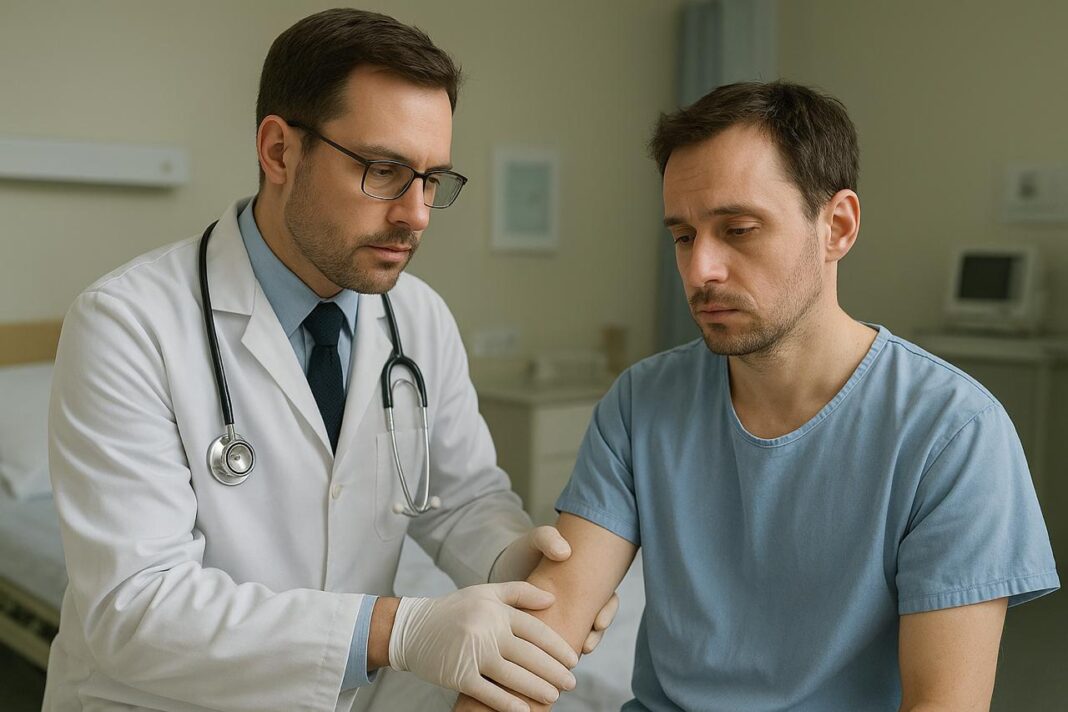 doctor-checking-rabies-patient-in-hospital.jpg Doctor examining a male patient showing signs of rabies infection in a hospital room, with medical equipment visible in the background.