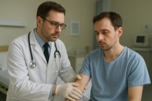 Doctor examining a male patient showing signs of rabies infection in a hospital room, with medical equipment visible in the background.