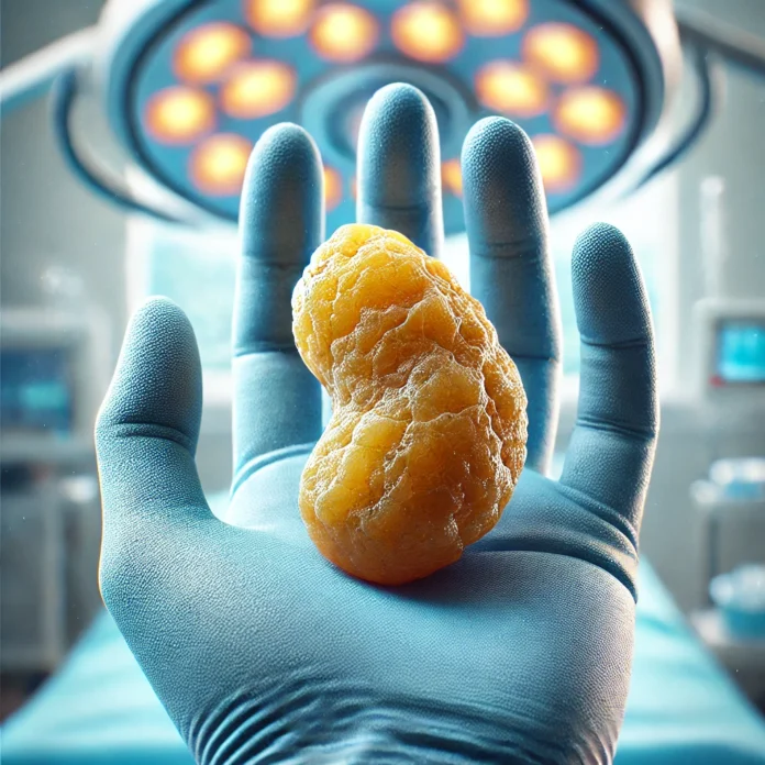 kidney-stone-reasons-symptoms-treatment Realistic close-up image of a kidney stone placed on a medical glove, showing detailed texture and appearance for a kidney stone awareness article.