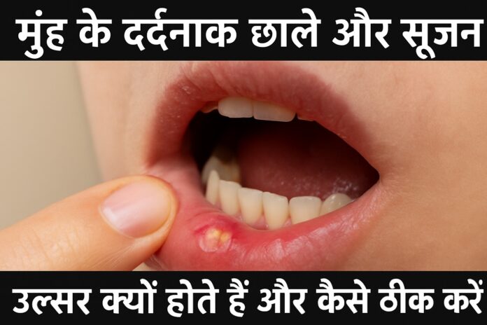 mouth-ulcer-barbar-hone-ka-karan-aur-treatment Close-up illustration showing painful mouth ulcer on inner cheek to explain why ulcers happen repeatedly and how to treat them