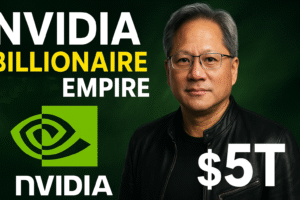 Jensen Huang और NVIDIA की 5 ट्रिलियन डॉलर वैल्यूएशन की — AI चिप्स और टेक्नोलॉजी इनोवेशन का प्रतीक।