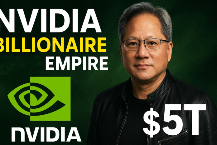 nvidia-ai-company-jensen-huang-success-story-5-trillion-valuation.jpg Jensen Huang और NVIDIA की 5 ट्रिलियन डॉलर वैल्यूएशन की — AI चिप्स और टेक्नोलॉजी इनोवेशन का प्रतीक।