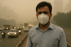 A man wearing an N95 mask standing on a heavily polluted road in India with dense smog and traffic in the background, highlighting dangerous AQI and toxic air conditions.