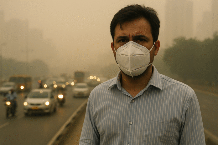 toxic-air-india-aqi-danger-man-wearing-mask-thumbnail.jpg A man wearing an N95 mask standing on a heavily polluted road in India with dense smog and traffic in the background, highlighting dangerous AQI and toxic air conditions.