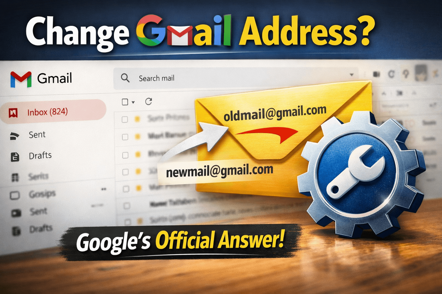 Google Gmail address change concept showing email interface and settings icon