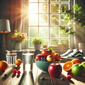 A realistic morning lifestyle scene showing water glass, fresh fruits and walking shoes promoting healthy daily habits.