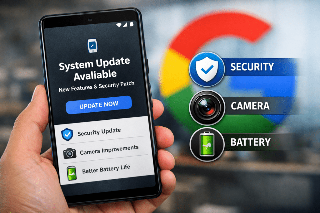 Google Pixel smartphone showing latest software update notification on screen