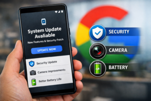 Google Pixel smartphone showing latest software update notification on screen