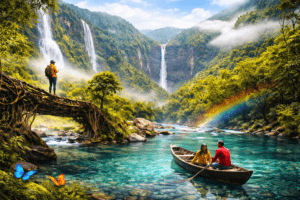 Meghalaya scenic landscape with crystal clear Umngot River, lush green hills and waterfalls