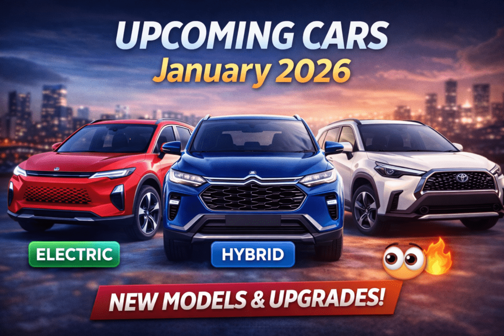 Upcoming car models launching in January 2026 including electric and hybrid SUVs