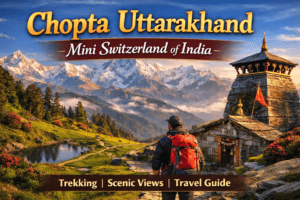 Chopta Uttarakhand Mini Switzerland of India with snow-capped Himalayan mountains, green meadows and Tungnath Temple