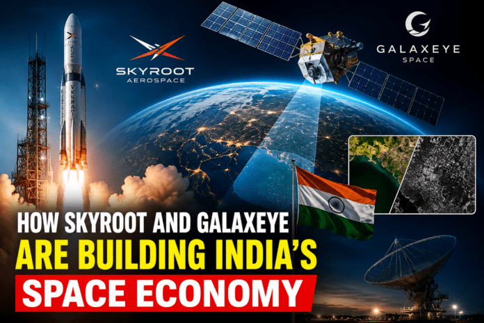 Skyroot rocket launch and GalaxEye satellite showing India’s private space technology and space economy growth