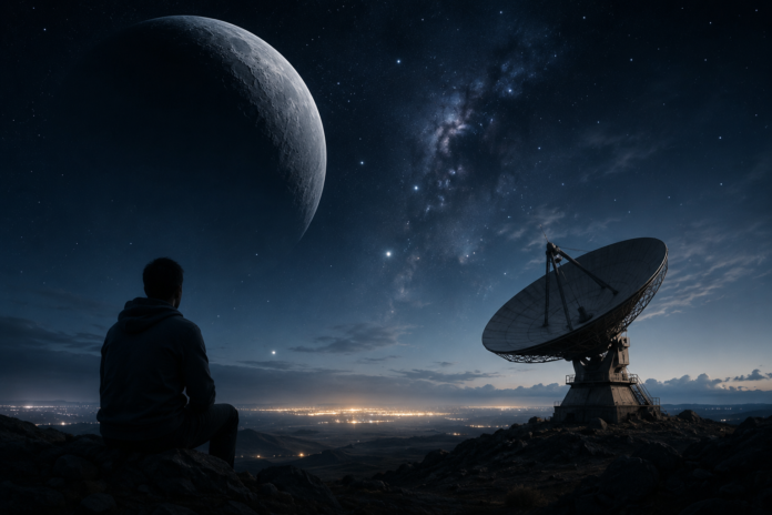 A mysterious futuristic space scene showing a person watching the night sky with a giant planet and satellite dish, representing advanced alien civilizations and AI theory.