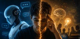 क्या ChatGPT और AI Tools इंसानों की सोचने और निर्णय लेने की क्षमता कम कर रहे हैं? How Human thinking divided between AI influence and natural decision making concept illustration