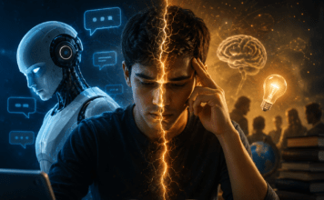 क्या ChatGPT और AI Tools इंसानों की सोचने और निर्णय लेने की क्षमता कम कर रहे हैं? How Human thinking divided between AI influence and natural decision making concept illustration
