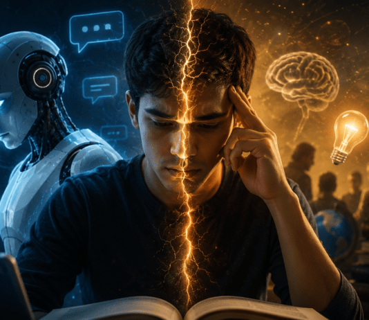 क्या ChatGPT और AI Tools इंसानों की सोचने और निर्णय लेने की क्षमता कम कर रहे हैं? How Human thinking divided between AI influence and natural decision making concept illustration