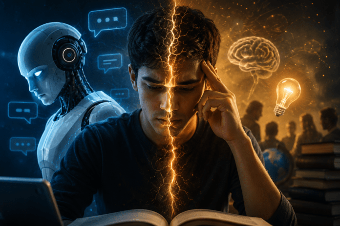 Human thinking divided between AI influence and natural decision making concept illustration
