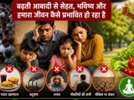 लोग अपनी जान जोखिम में कैसे डाल रहे हैं- Rising Population, Deteriorating Health, and Our Future स्वस्थ जीवनशैली दर्शाता दृश्य जिसमें संतुलित आहार, पानी, और फिटनेस गतिविधि शामिल है
